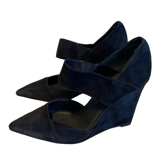 Tory Burch Saray Black Suede Leather Pointed Toe Strapped Wedges Size 7 - Picture 2 of 10